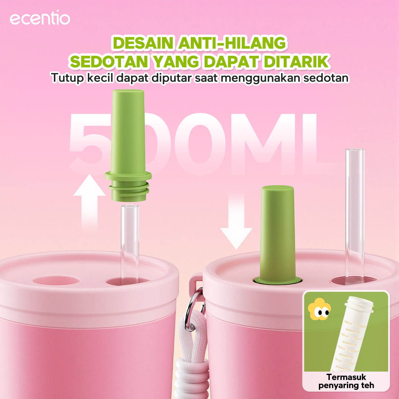 [Sweet Mist Series] ecentio tumbler aesthetic premium Stainless Steel & Aluminium portable 500ml/750ml Botol minum besar Thermos Tetap hangat 24 JAM & dingin 10 JAM anti bocor mudah dibersihkan gaya manis look elegant aesthetic