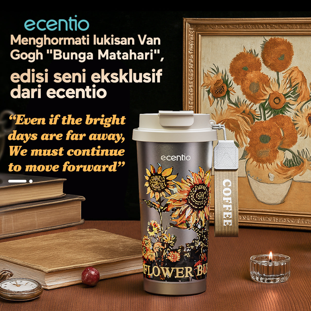 【🌟Pre-Order】ecentio Premium Double-Walled Titanium Bottle Titanium Cup 500ml — Edisi Spesial Van Gogh “Sunflower”