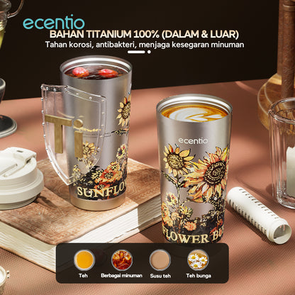 【🌟Pre-Order】ecentio Premium Double-Walled Titanium Bottle Titanium Cup 500ml — Edisi Spesial Van Gogh “Sunflower”