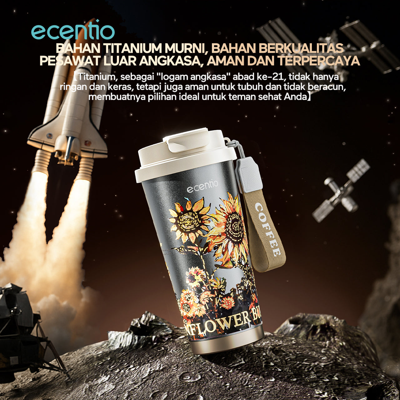 【🌟Pre-Order】ecentio Premium Double-Walled Titanium Bottle Titanium Cup 500ml — Edisi Spesial Van Gogh “Sunflower”
