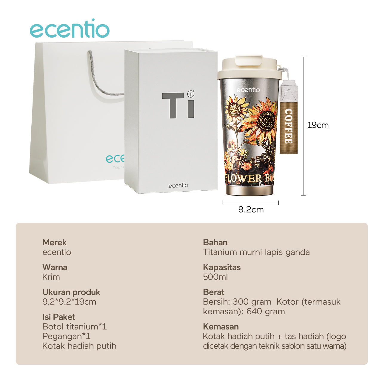 【🌟Pre-Order】ecentio Premium Double-Walled Titanium Bottle Titanium Cup 500ml — Edisi Spesial Van Gogh “Sunflower”