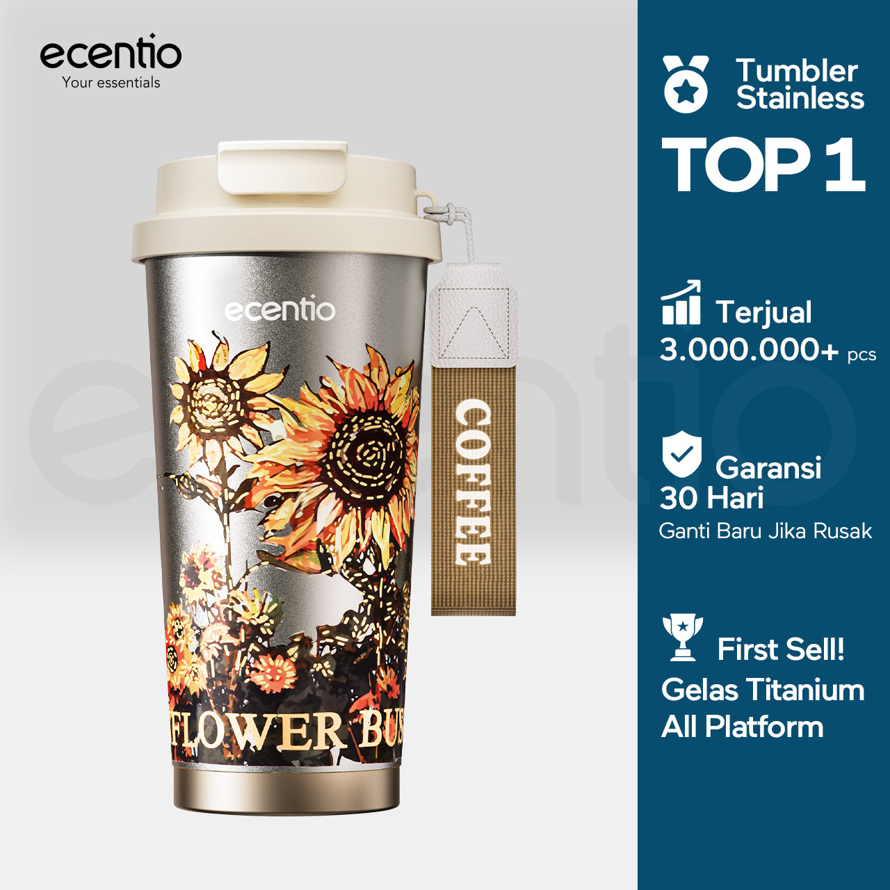 【🌟Pre-Order】ecentio Premium Double-Walled Titanium Bottle Titanium Cup 500ml — Edisi Spesial Van Gogh “Sunflower”