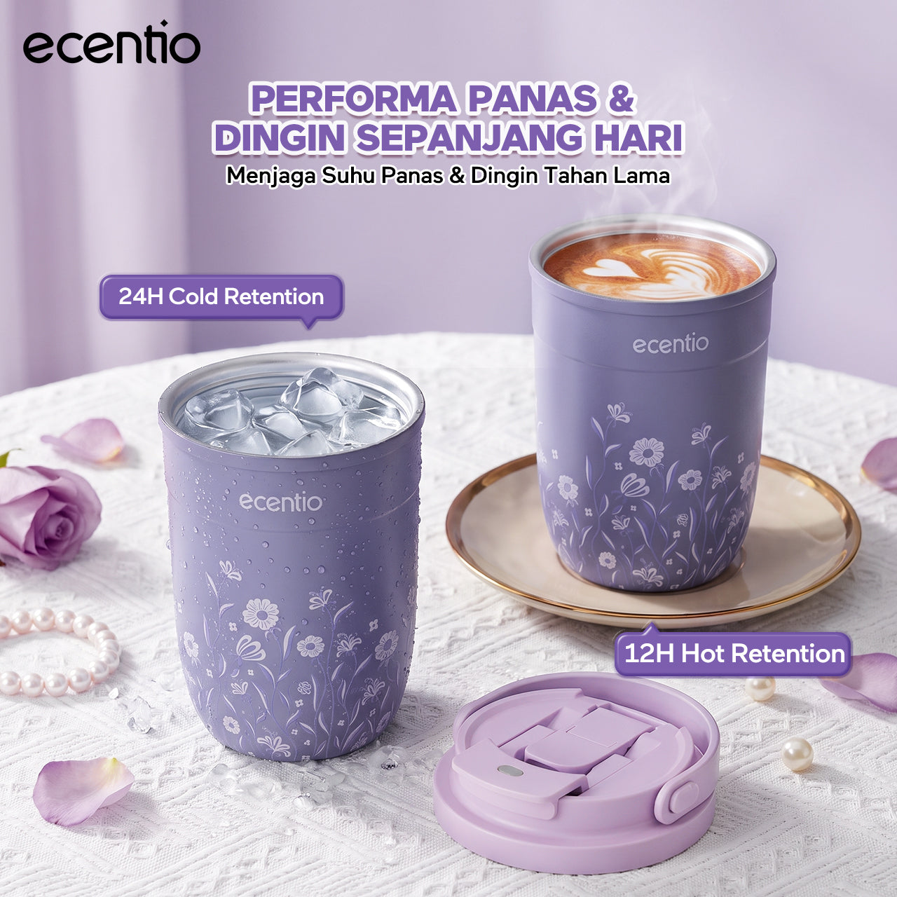 [Pearl Bloom series] ecentio Tumbler 400ml/680ml/850ml Desain Minimalis Elegan Botol Minum Portable Aesthetic Lucu Thermos Tahan Panas Dingin 24 Jam Anti Bocor Premium Sedotan Cocok Untuk Sekolah Anak Laki-Laki