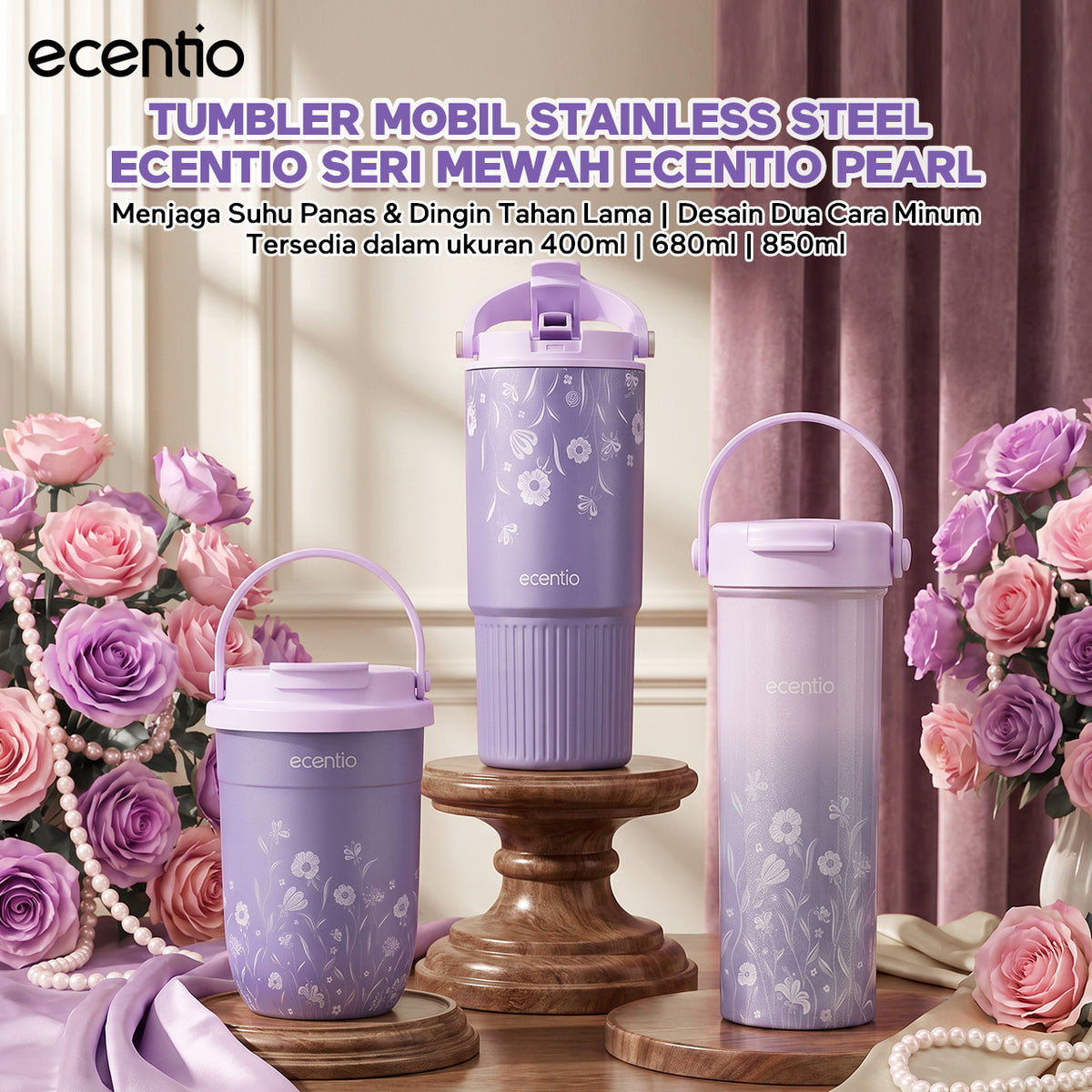 [Pearl Bloom series] ecentio Tumbler 400ml/680ml/850ml Desain Minimalis Elegan Botol Minum Portable Aesthetic Lucu Thermos Tahan Panas Dingin 24 Jam Anti Bocor Premium Sedotan Cocok Untuk Sekolah Anak Laki-Laki
