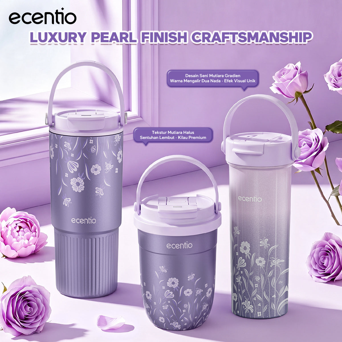 [Pearl Bloom series] ecentio Tumbler 400ml/680ml/850ml Desain Minimalis Elegan Botol Minum Portable Aesthetic Lucu Thermos Tahan Panas Dingin 24 Jam Anti Bocor Premium Sedotan Cocok Untuk Sekolah Anak Laki-Laki