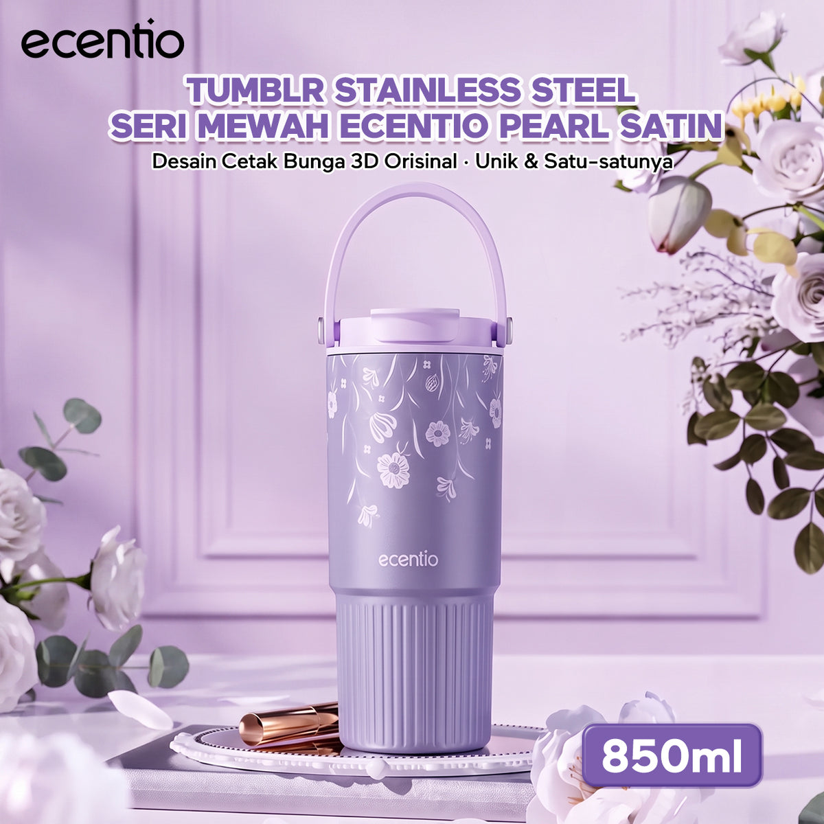 [Pearl Bloom series] ecentio Tumbler 400ml/680ml/850ml Desain Minimalis Elegan Botol Minum Portable Aesthetic Lucu Thermos Tahan Panas Dingin 24 Jam Anti Bocor Premium Sedotan Cocok Untuk Sekolah Anak Laki-Laki