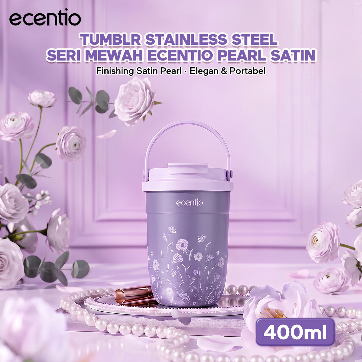 [Pearl Bloom series] ecentio Tumbler 400ml/680ml/850ml Desain Minimalis Elegan Botol Minum Portable Aesthetic Lucu Thermos Tahan Panas Dingin 24 Jam Anti Bocor Premium Sedotan Cocok Untuk Sekolah Anak Laki-Laki