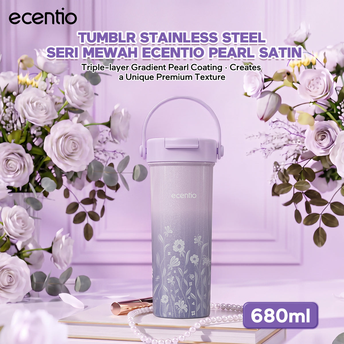 [Pearl Bloom series] ecentio Tumbler 400ml/680ml/850ml Desain Minimalis Elegan Botol Minum Portable Aesthetic Lucu Thermos Tahan Panas Dingin 24 Jam Anti Bocor Premium Sedotan Cocok Untuk Sekolah Anak Laki-Laki