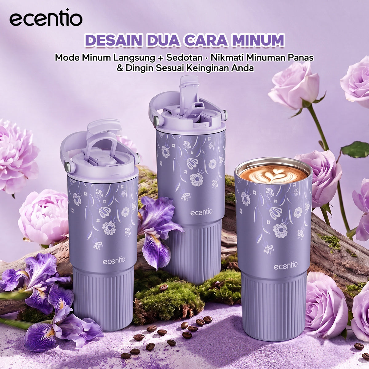 [Pearl Bloom series] ecentio Tumbler 400ml/680ml/850ml Desain Minimalis Elegan Botol Minum Portable Aesthetic Lucu Thermos Tahan Panas Dingin 24 Jam Anti Bocor Premium Sedotan Cocok Untuk Sekolah Anak Laki-Laki