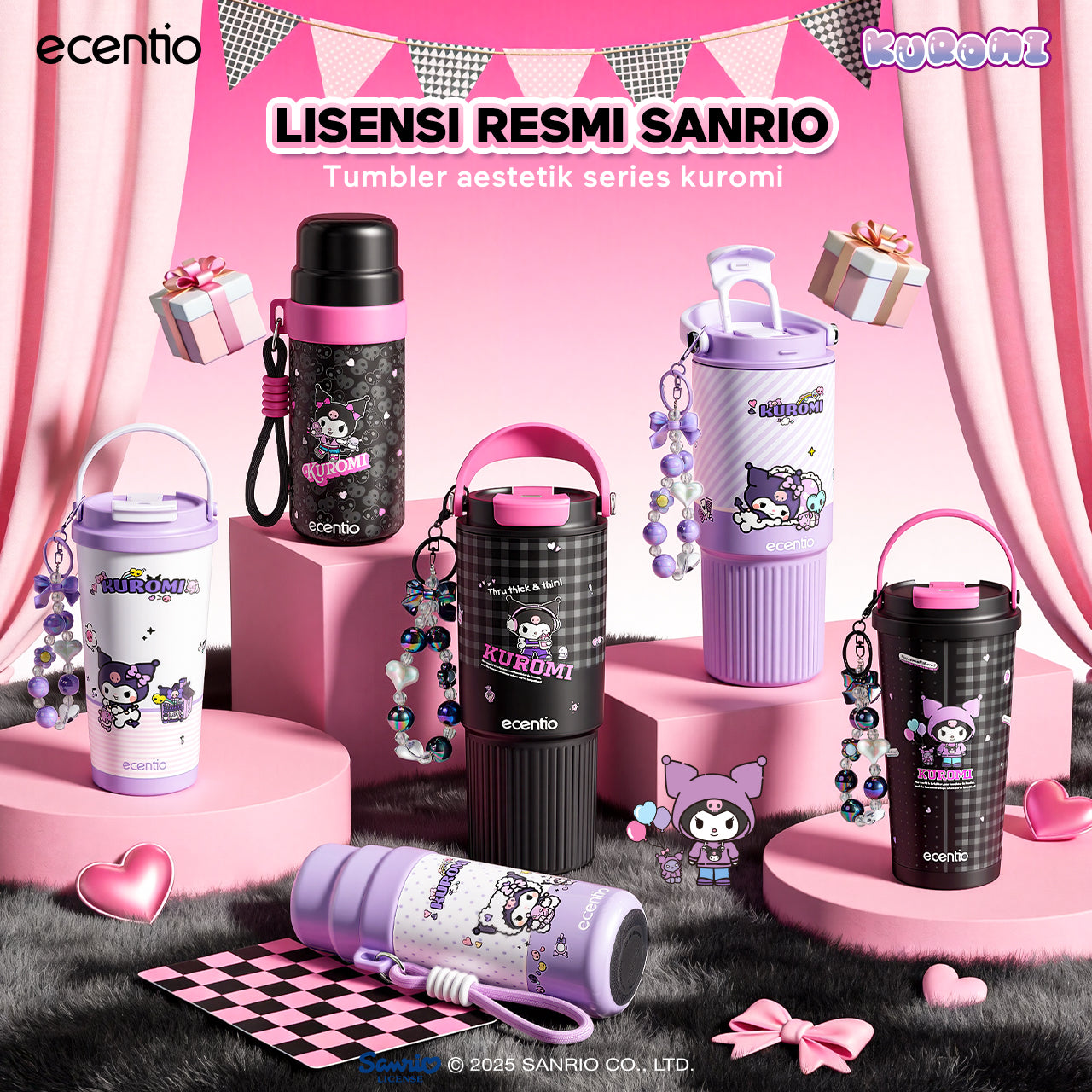 ecentio botol minum aesthetic kuromi series 850ml/580ml/350ml tumbler tahan panas dingin 24 jam portabel tumbler Cocok untuk bepergian ke sekolah termos air panas