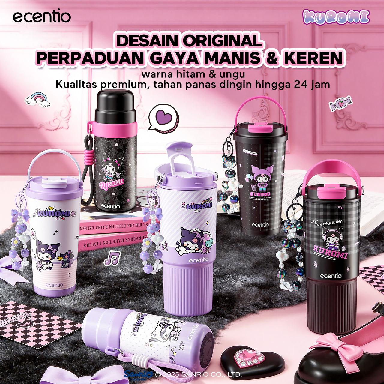 ecentio botol minum aesthetic kuromi series 850ml/580ml/350ml tumbler tahan panas dingin 24 jam portabel tumbler Cocok untuk bepergian ke sekolah termos air panas