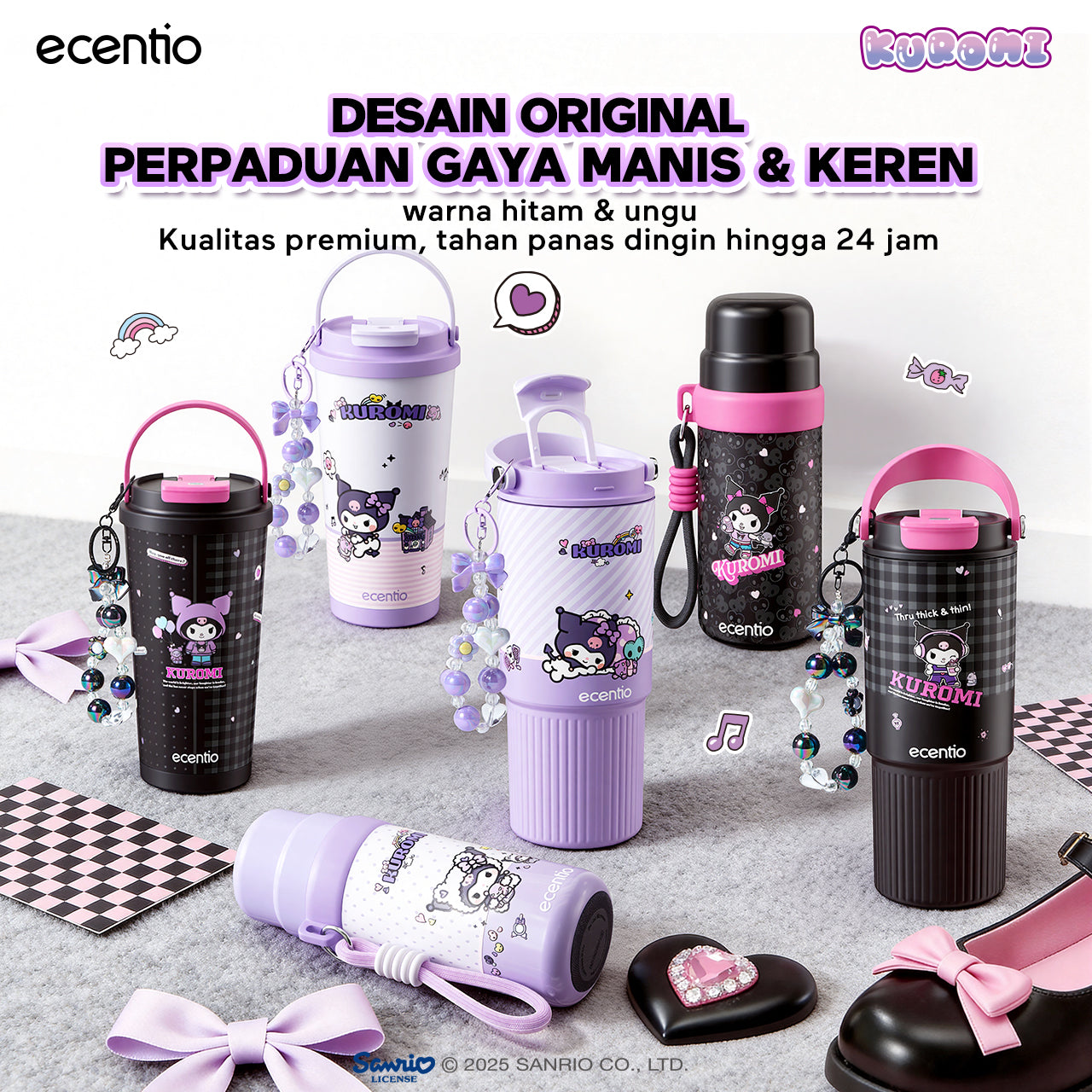 ecentio botol minum aesthetic kuromi series 850ml/580ml/350ml tumbler tahan panas dingin 24 jam portabel tumbler Cocok untuk bepergian ke sekolah termos air panas