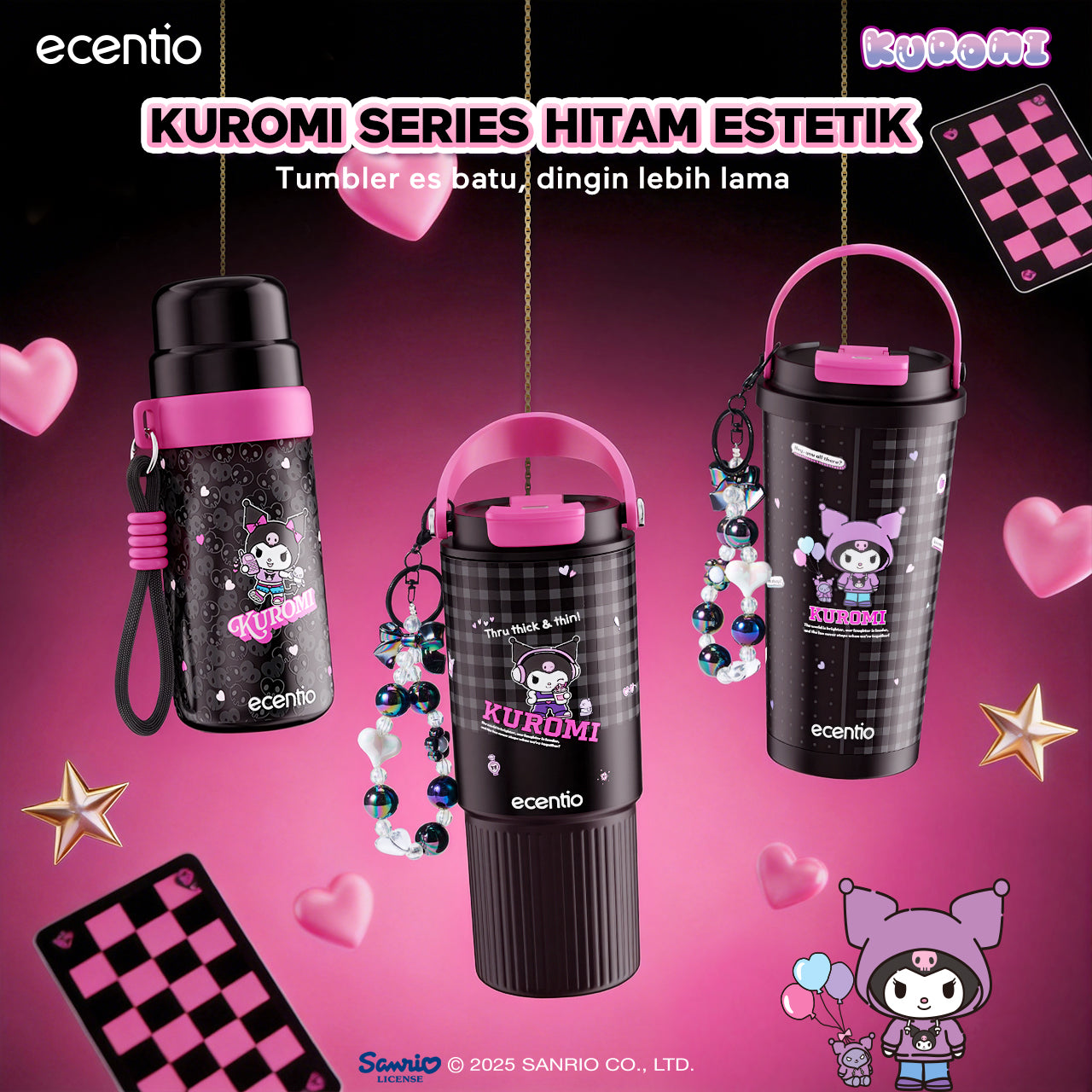 ecentio botol minum aesthetic kuromi series 850ml/580ml/350ml tumbler tahan panas dingin 24 jam portabel tumbler Cocok untuk bepergian ke sekolah termos air panas