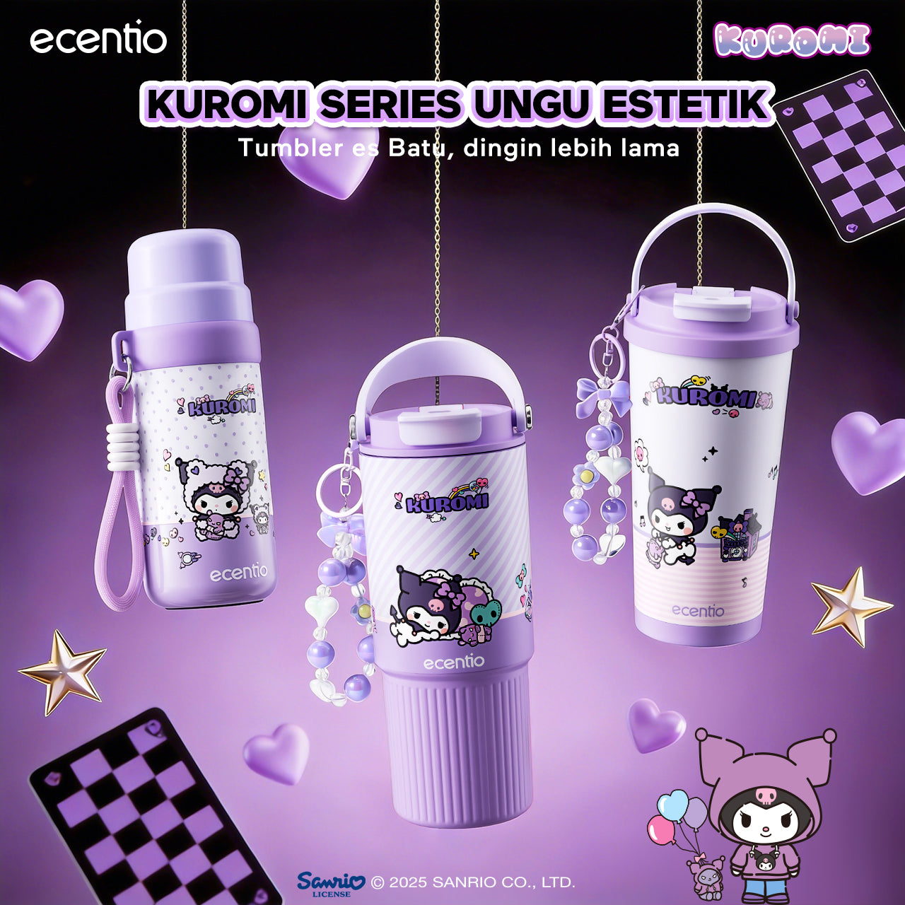 ecentio botol minum aesthetic kuromi series 850ml/580ml/350ml tumbler tahan panas dingin 24 jam portabel tumbler Cocok untuk bepergian ke sekolah termos air panas