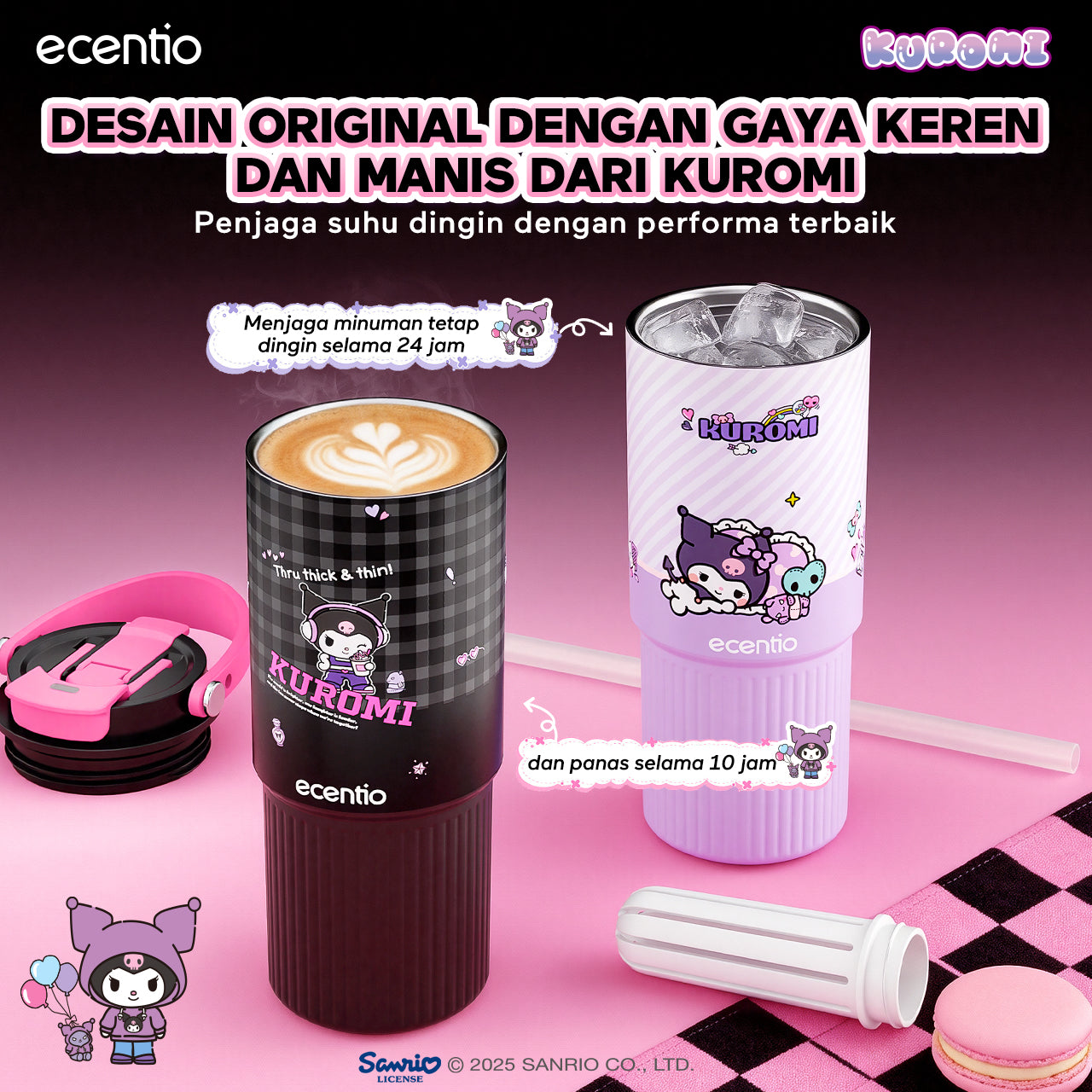 ecentio botol minum aesthetic kuromi series 850ml/580ml/350ml tumbler tahan panas dingin 24 jam portabel tumbler Cocok untuk bepergian ke sekolah termos air panas