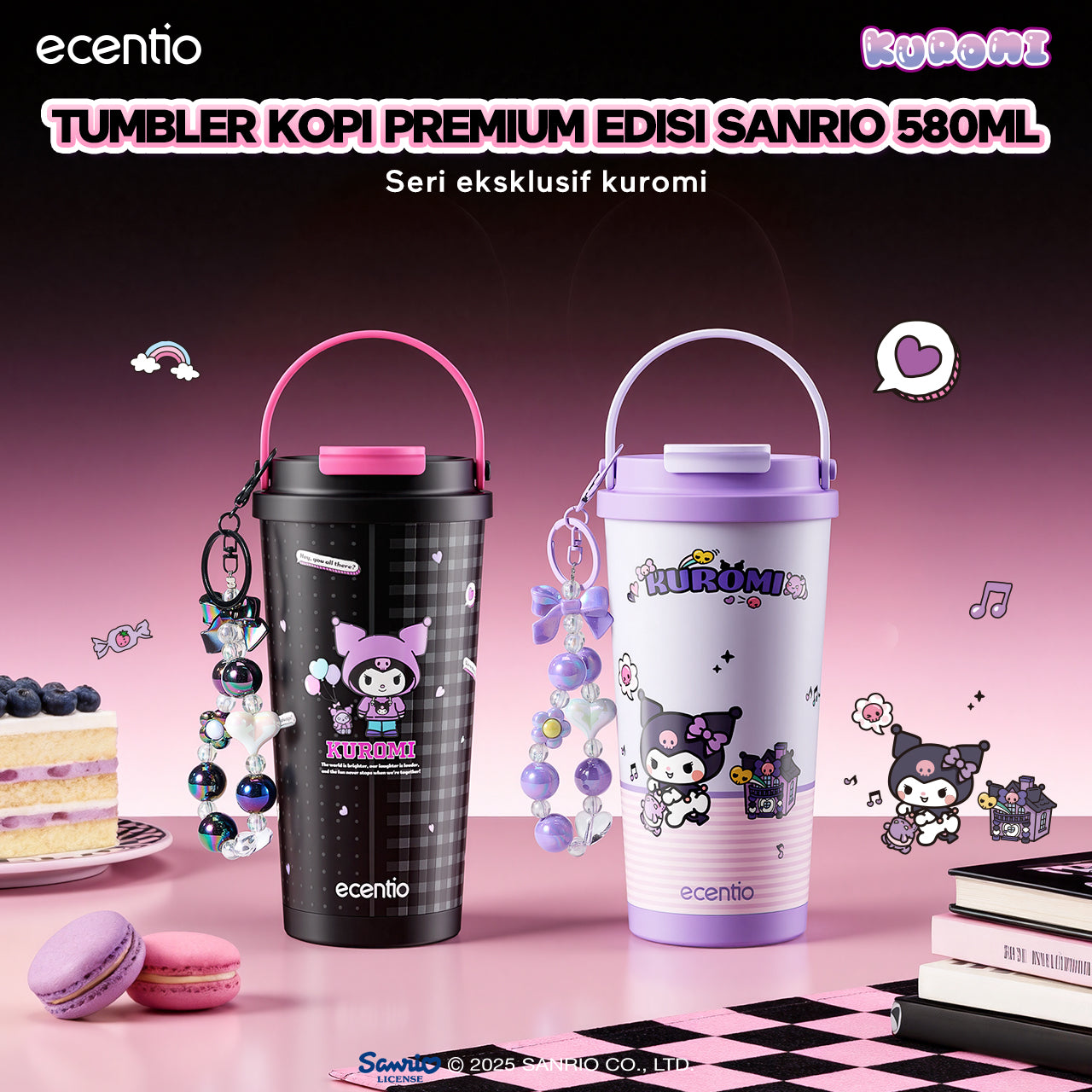 ecentio botol minum aesthetic kuromi series 850ml/580ml/350ml tumbler tahan panas dingin 24 jam portabel tumbler Cocok untuk bepergian ke sekolah termos air panas