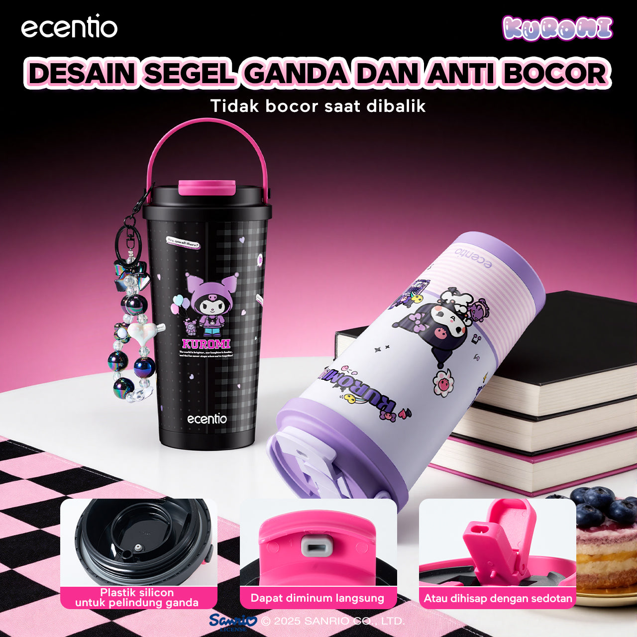 ecentio botol minum aesthetic kuromi series 850ml/580ml/350ml tumbler tahan panas dingin 24 jam portabel tumbler Cocok untuk bepergian ke sekolah termos air panas