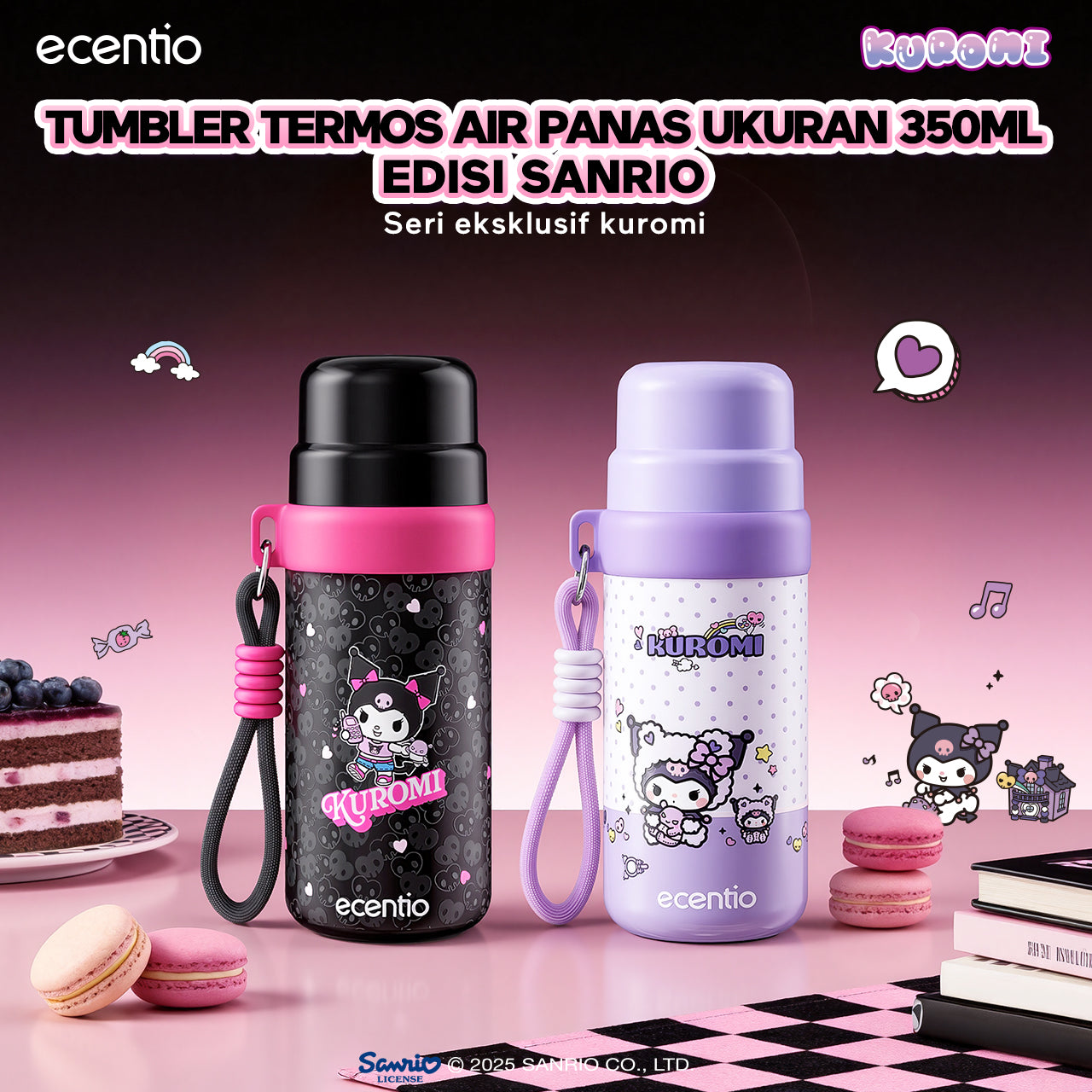 ecentio botol minum aesthetic kuromi series 850ml/580ml/350ml tumbler tahan panas dingin 24 jam portabel tumbler Cocok untuk bepergian ke sekolah termos air panas