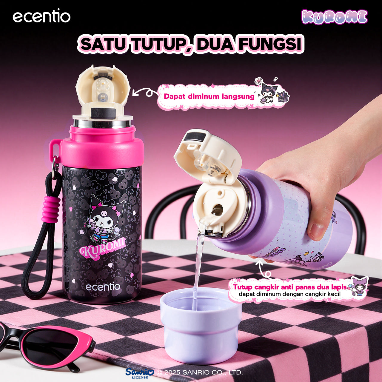 ecentio botol minum aesthetic kuromi series 850ml/580ml/350ml tumbler tahan panas dingin 24 jam portabel tumbler Cocok untuk bepergian ke sekolah termos air panas