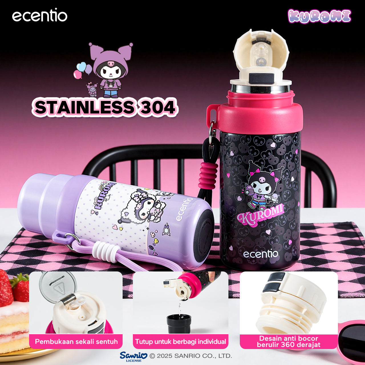 ecentio botol minum aesthetic kuromi series 850ml/580ml/350ml tumbler tahan panas dingin 24 jam portabel tumbler Cocok untuk bepergian ke sekolah termos air panas