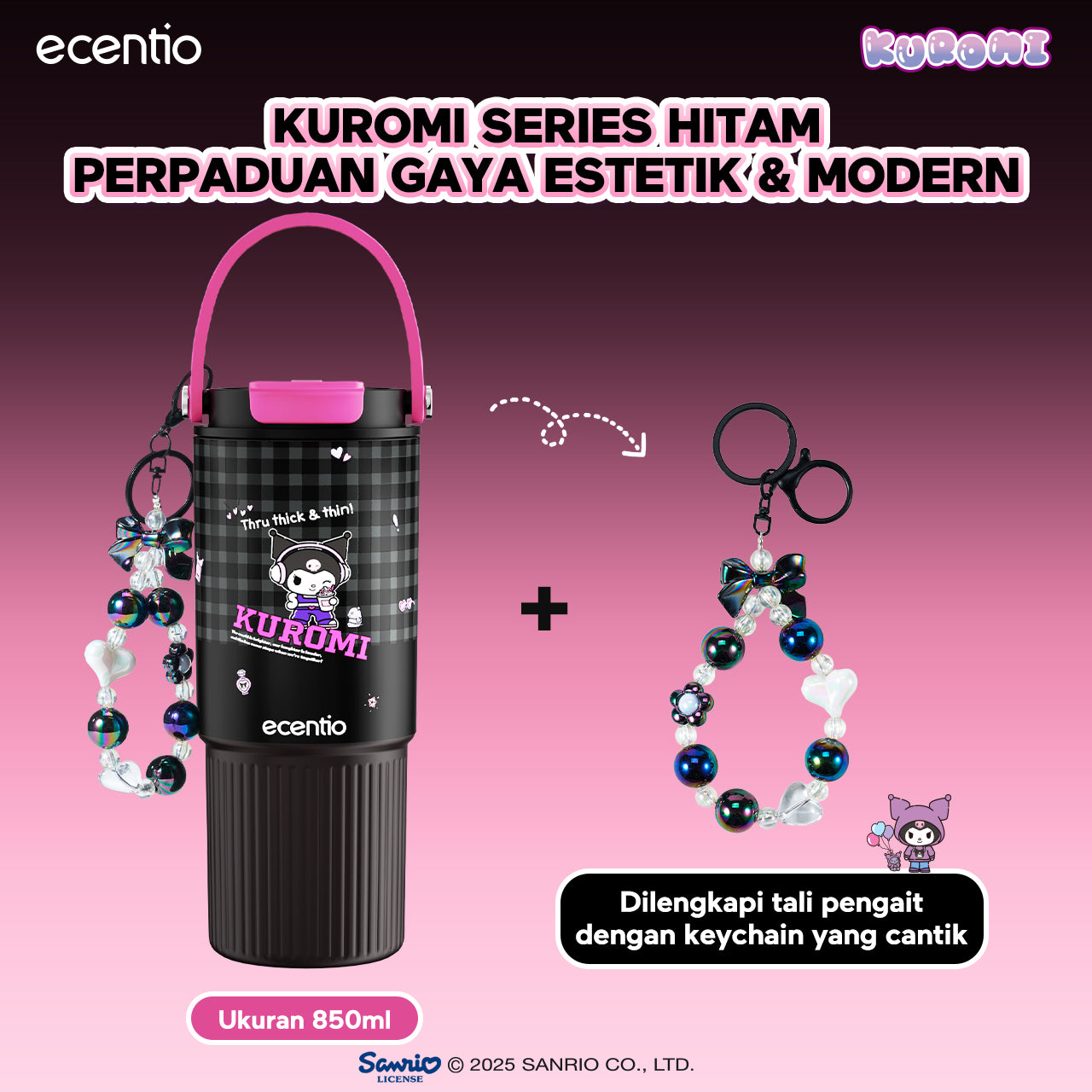 ecentio botol minum aesthetic kuromi series 850ml/580ml/350ml tumbler tahan panas dingin 24 jam portabel tumbler Cocok untuk bepergian ke sekolah termos air panas