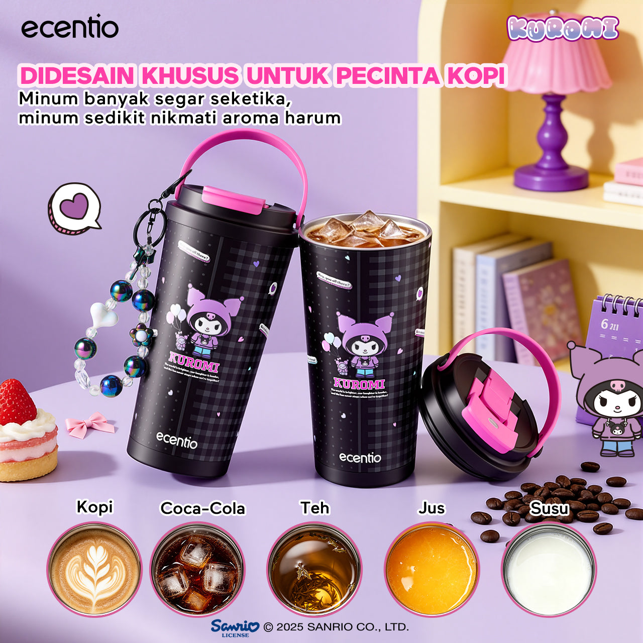[kuromi series -Hitam] ecentio botol minum aesthetic 850ml/580ml/350ml tumbler tahan panas dingin 24 jam portabel tumbler Cocok untuk bepergian ke sekolah termos air panas