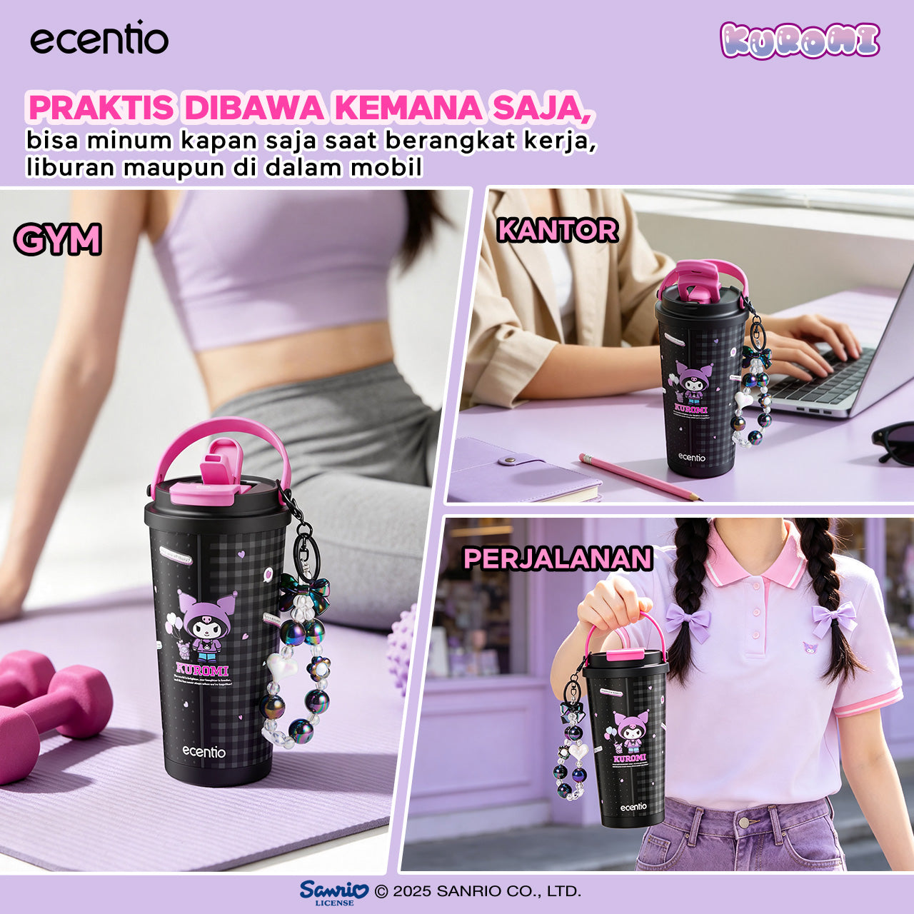 [kuromi series -Hitam] ecentio botol minum aesthetic 850ml/580ml/350ml tumbler tahan panas dingin 24 jam portabel tumbler Cocok untuk bepergian ke sekolah termos air panas