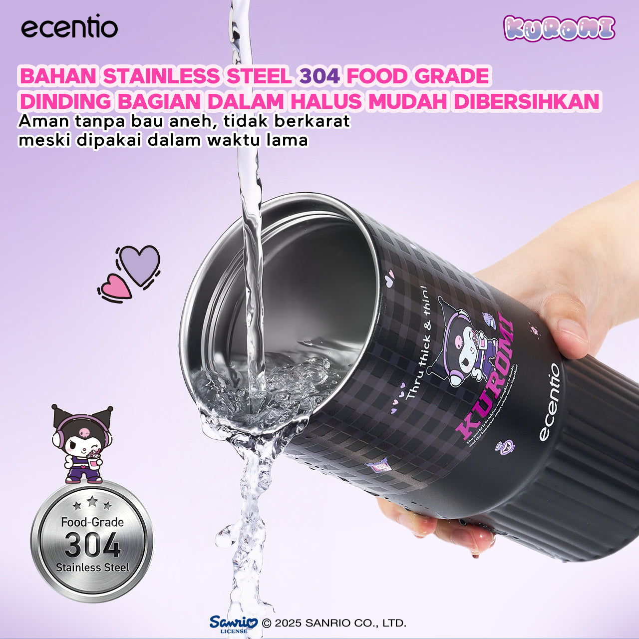 [kuromi series -Hitam] ecentio botol minum aesthetic 850ml/580ml/350ml tumbler tahan panas dingin 24 jam portabel tumbler Cocok untuk bepergian ke sekolah termos air panas