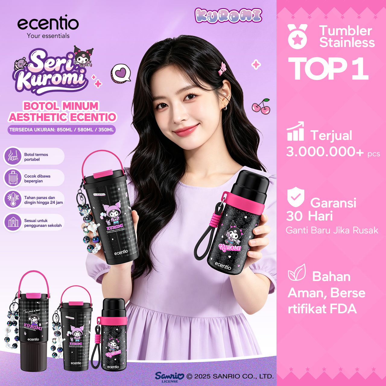 [kuromi series -Hitam] ecentio botol minum aesthetic 850ml/580ml/350ml tumbler tahan panas dingin 24 jam portabel tumbler Cocok untuk bepergian ke sekolah termos air panas