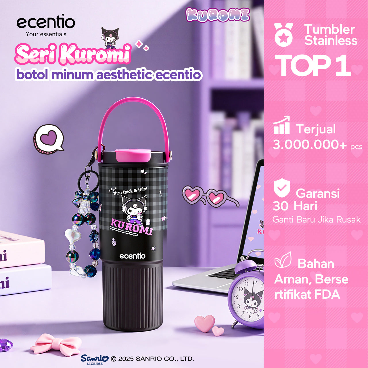 [kuromi series -Hitam] ecentio botol minum aesthetic 850ml/580ml/350ml tumbler tahan panas dingin 24 jam portabel tumbler Cocok untuk bepergian ke sekolah termos air panas