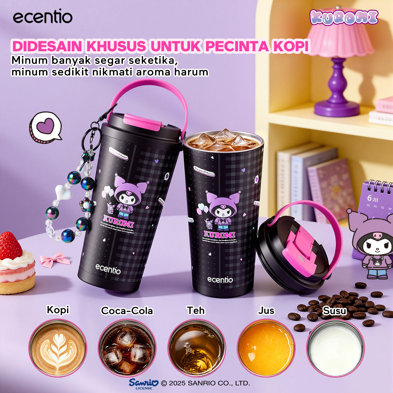 [kuromi series -Hitam] ecentio botol minum aesthetic 850ml/580ml/350ml tumbler tahan panas dingin 24 jam portabel tumbler Cocok untuk bepergian ke sekolah termos air panas