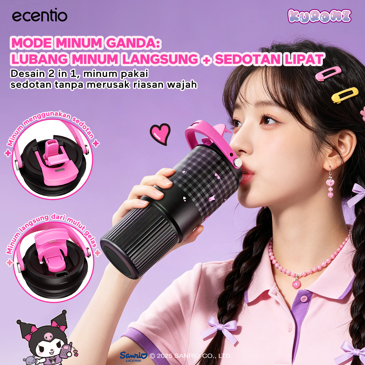[kuromi series -Hitam] ecentio botol minum aesthetic 850ml/580ml/350ml tumbler tahan panas dingin 24 jam portabel tumbler Cocok untuk bepergian ke sekolah termos air panas