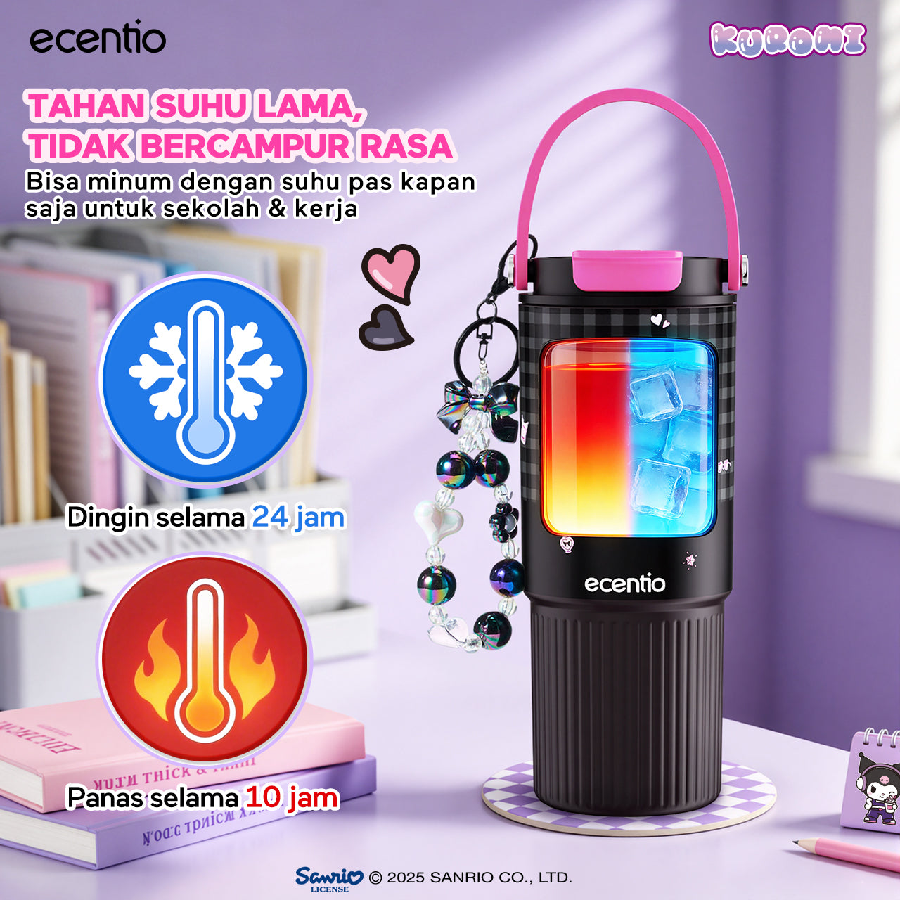 [kuromi series -Hitam] ecentio botol minum aesthetic 850ml/580ml/350ml tumbler tahan panas dingin 24 jam portabel tumbler Cocok untuk bepergian ke sekolah termos air panas