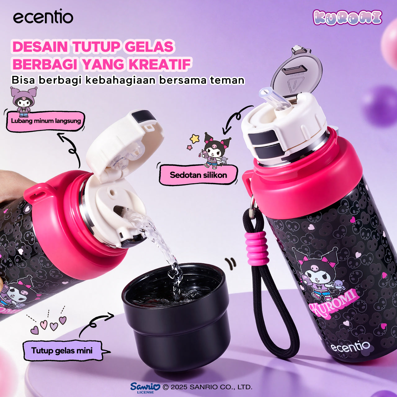 [kuromi series -Hitam] ecentio botol minum aesthetic 850ml/580ml/350ml tumbler tahan panas dingin 24 jam portabel tumbler Cocok untuk bepergian ke sekolah termos air panas