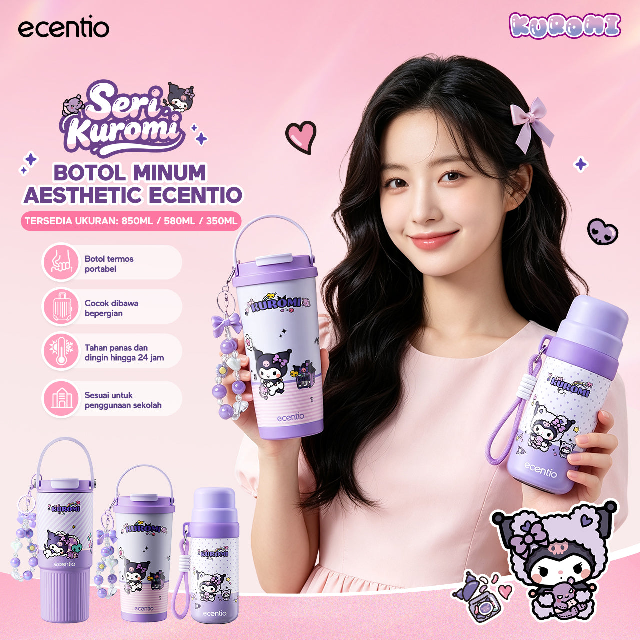 [kuromi series -Ungu] ecentio botol minum aesthetic 850ml/580ml/350ml tumbler tahan panas dingin 24 jam portabel tumbler Cocok untuk bepergian ke sekolah termos air panas