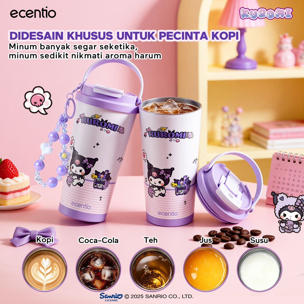 [kuromi series -Ungu] ecentio botol minum aesthetic 850ml/580ml/350ml tumbler tahan panas dingin 24 jam portabel tumbler Cocok untuk bepergian ke sekolah termos air panas