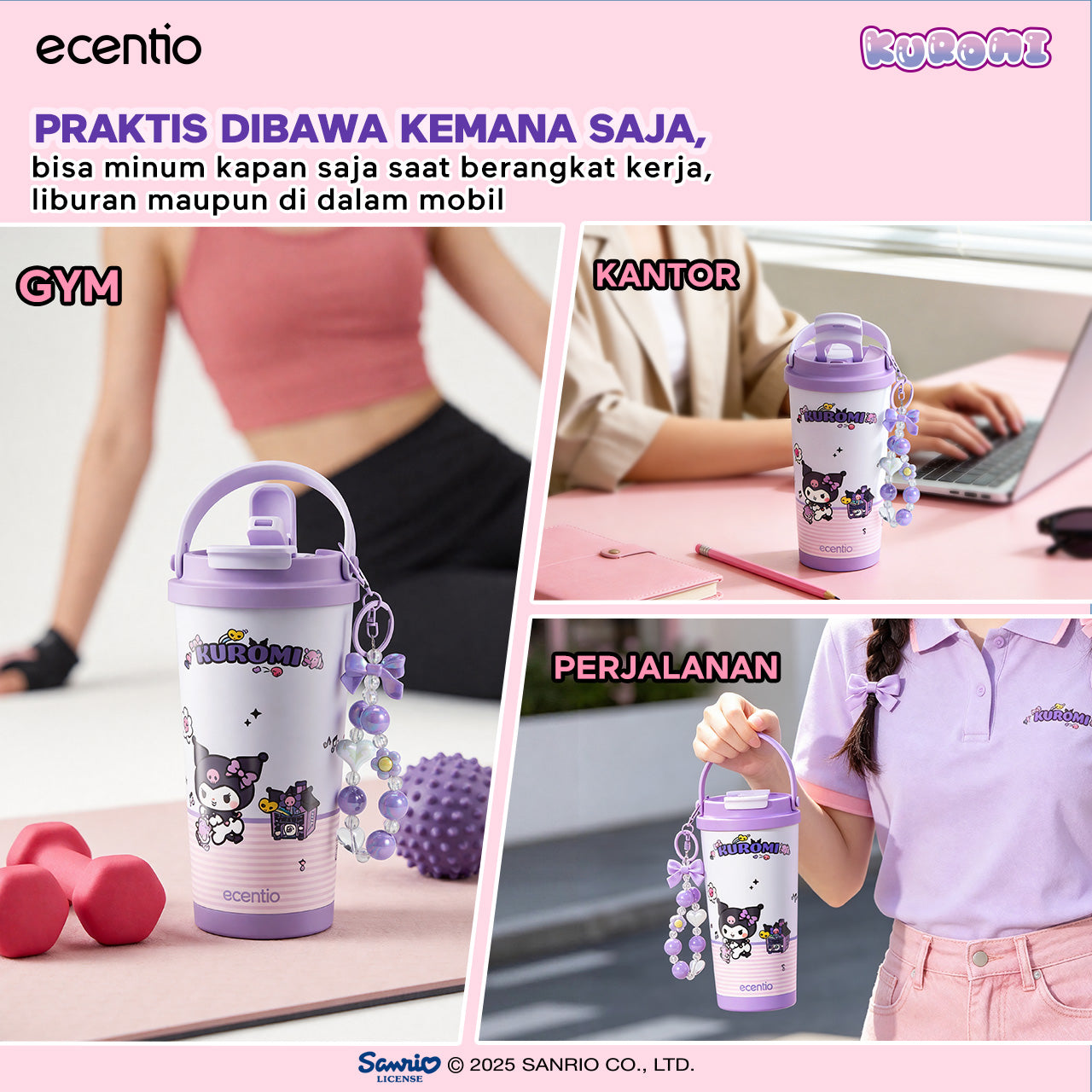 [kuromi series -Ungu] ecentio botol minum aesthetic 850ml/580ml/350ml tumbler tahan panas dingin 24 jam portabel tumbler Cocok untuk bepergian ke sekolah termos air panas