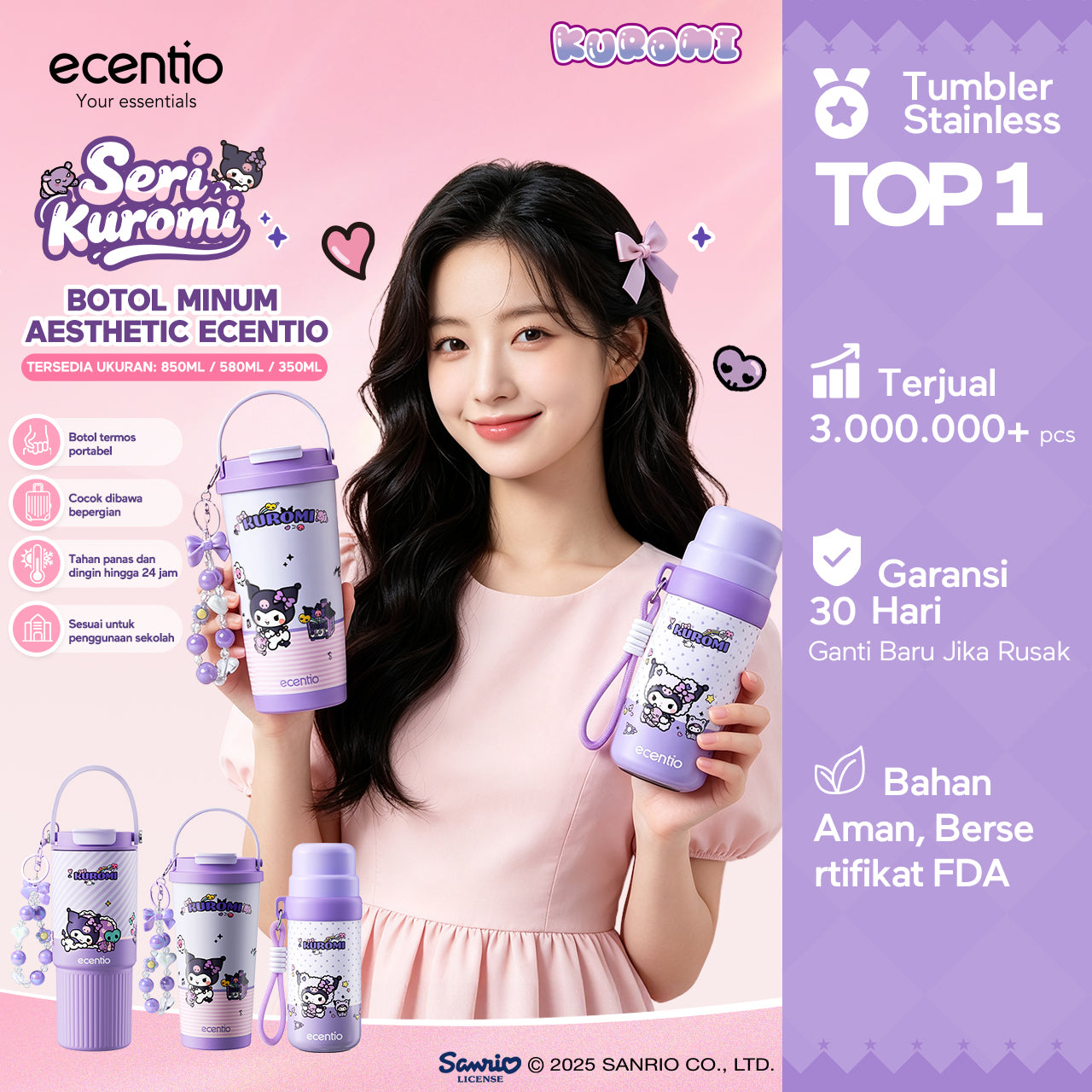 [kuromi series -Ungu] ecentio botol minum aesthetic 850ml/580ml/350ml tumbler tahan panas dingin 24 jam portabel tumbler Cocok untuk bepergian ke sekolah termos air panas