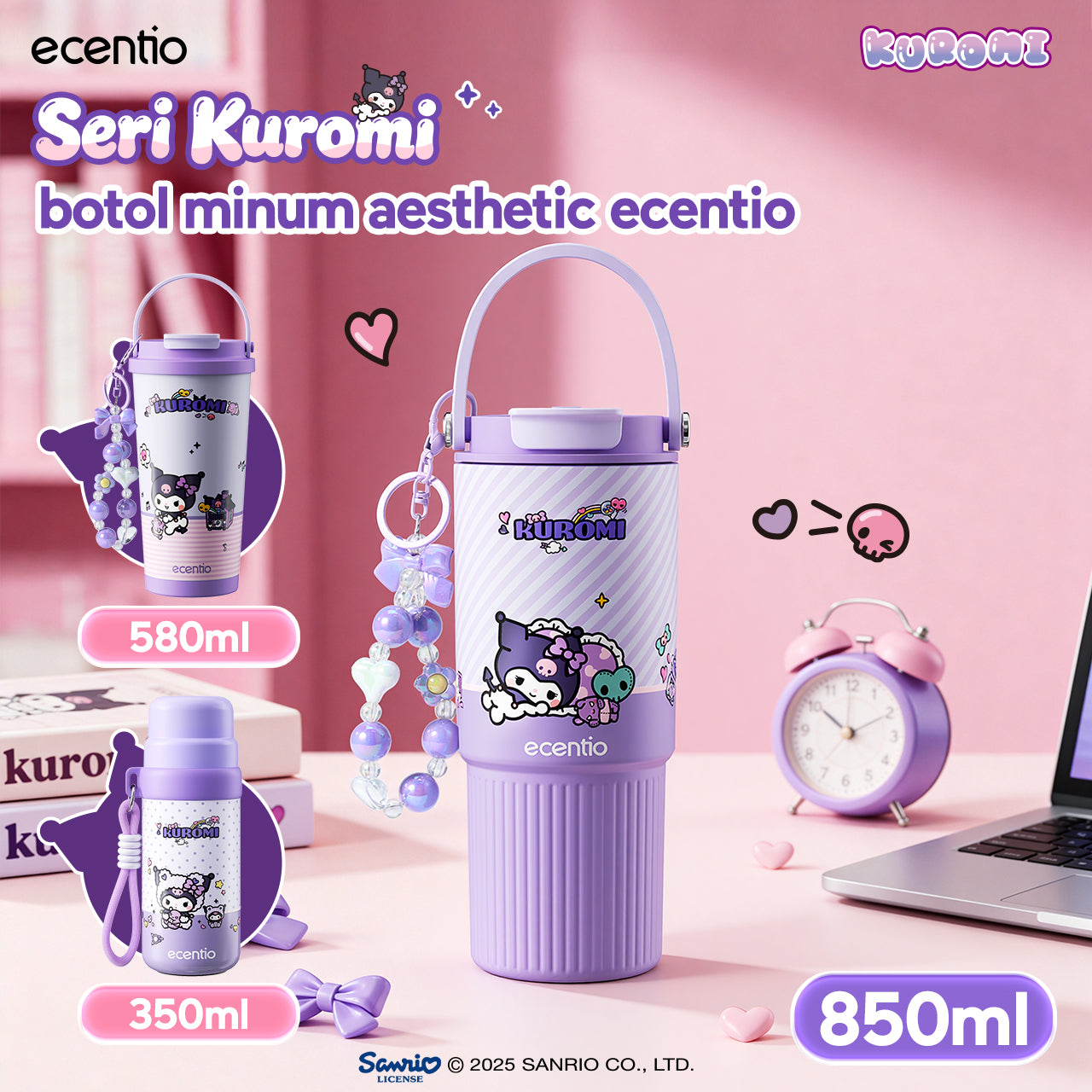 [kuromi series -Ungu] ecentio botol minum aesthetic 850ml/580ml/350ml tumbler tahan panas dingin 24 jam portabel tumbler Cocok untuk bepergian ke sekolah termos air panas