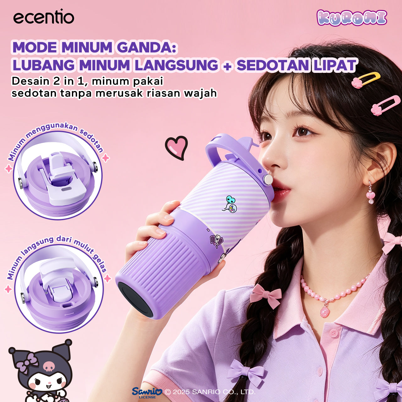 [kuromi series -Ungu] ecentio botol minum aesthetic 850ml/580ml/350ml tumbler tahan panas dingin 24 jam portabel tumbler Cocok untuk bepergian ke sekolah termos air panas