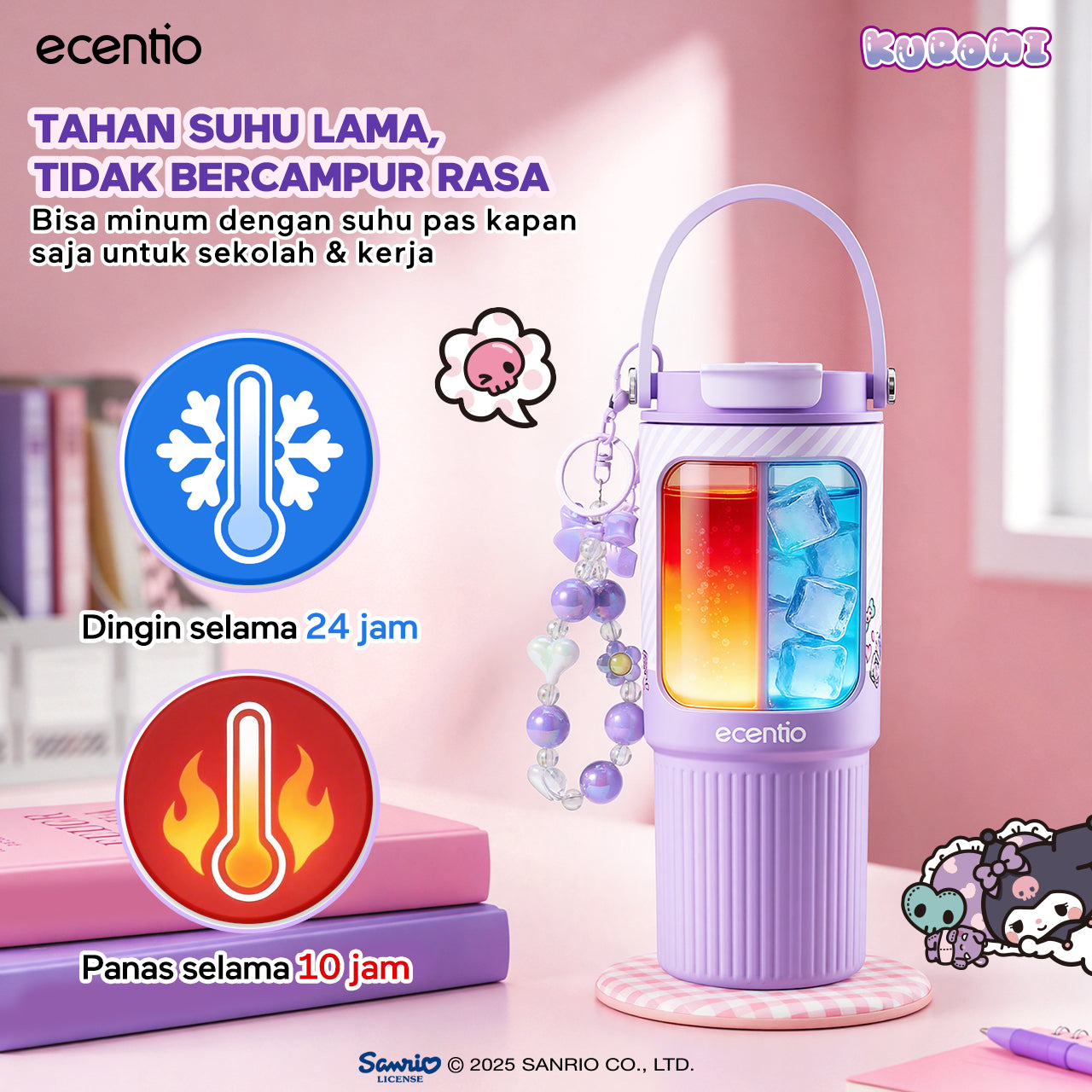 [kuromi series -Ungu] ecentio botol minum aesthetic 850ml/580ml/350ml tumbler tahan panas dingin 24 jam portabel tumbler Cocok untuk bepergian ke sekolah termos air panas