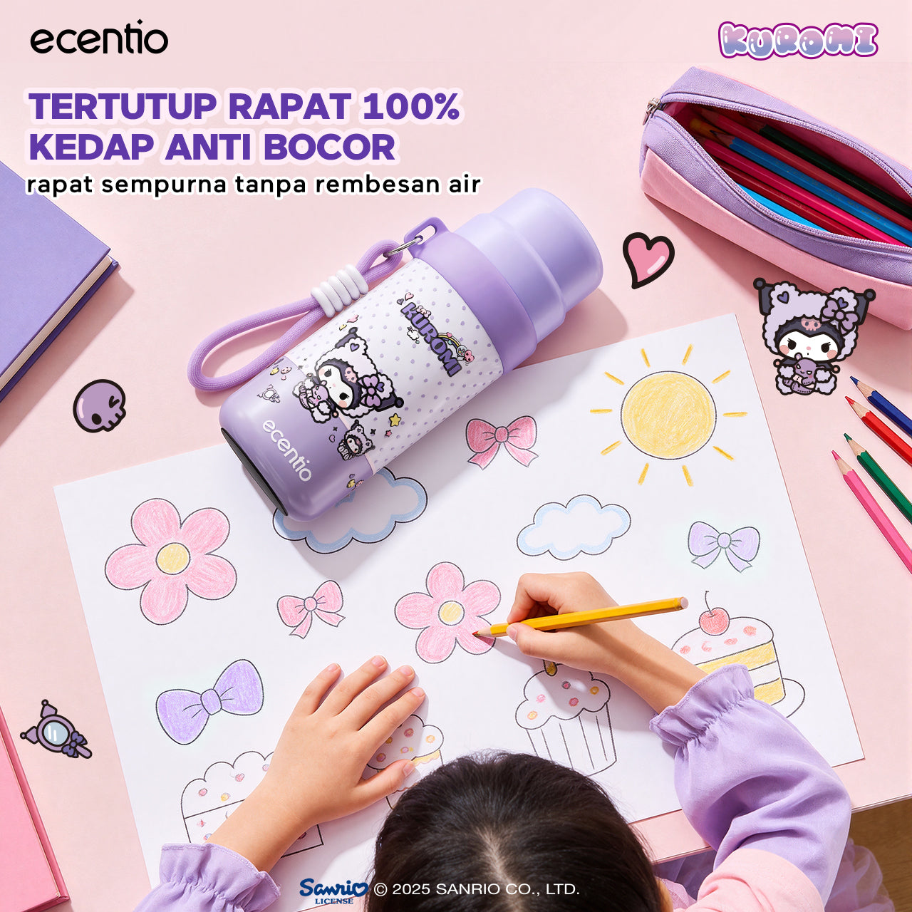 [kuromi series -Ungu] ecentio botol minum aesthetic 850ml/580ml/350ml tumbler tahan panas dingin 24 jam portabel tumbler Cocok untuk bepergian ke sekolah termos air panas