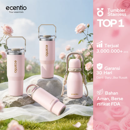 [Seri Dusty Blush Garden] ecentio Tumbler Stainless 304 Aesthetic 670ml/900ml/1200ml Portable Thermos Botol Minum Besar Dengan Tas Tahan Panas Dingin 24 Jam Aesthetic Lucu Termos Air Panas Kopi Dengan Sedotan Cocok Untuk Sekolah Anak Laki-Laki