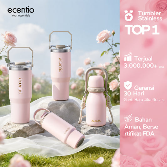 [Seri Dusty Blush Garden] ecentio Tumbler Stainless 304 Aesthetic 670ml/900ml/1200ml Portable Thermos Botol Minum Besar Dengan Tas Tahan Panas Dingin 24 Jam Aesthetic Lucu Termos Air Panas Kopi Dengan Sedotan Cocok Untuk Sekolah Anak Laki-Laki