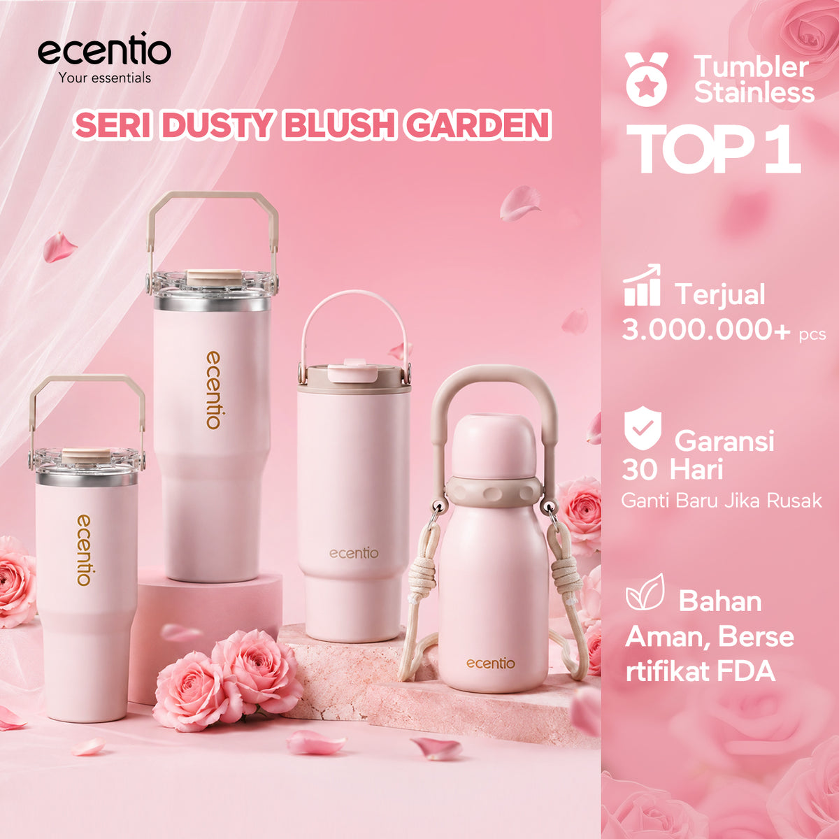 [Seri Dusty Blush Garden] ecentio Tumbler Stainless 304 Aesthetic 670ml/900ml/1200ml Portable Thermos Botol Minum Besar Dengan Tas Tahan Panas Dingin 24 Jam Aesthetic Lucu Termos Air Panas Kopi Dengan Sedotan Cocok Untuk Sekolah Anak Laki-Laki