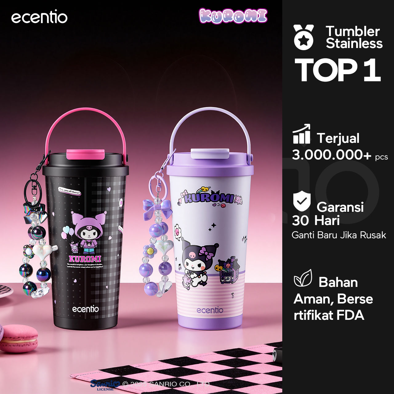 ecentio botol minum aesthetic kuromi series 850ml/580ml/350ml tumbler tahan panas dingin 24 jam portabel tumbler Cocok untuk bepergian ke sekolah termos air panas
