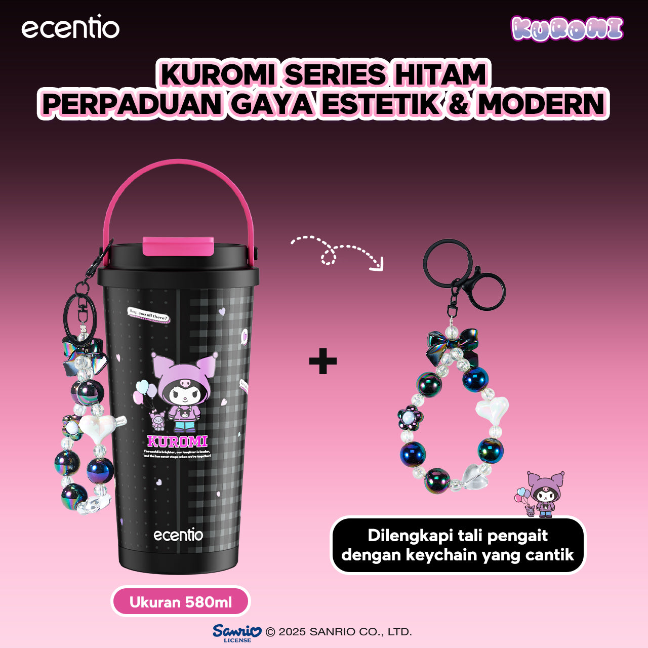 ecentio botol minum aesthetic kuromi series 850ml/580ml/350ml tumbler tahan panas dingin 24 jam portabel tumbler Cocok untuk bepergian ke sekolah termos air panas