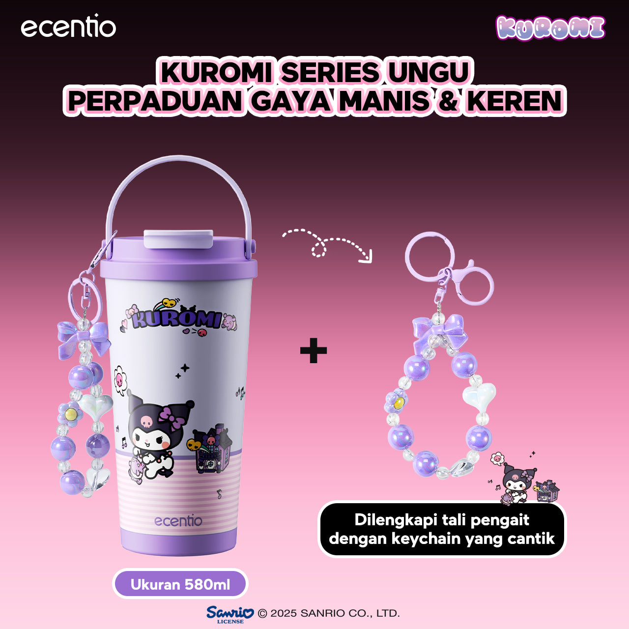 ecentio botol minum aesthetic kuromi series 850ml/580ml/350ml tumbler tahan panas dingin 24 jam portabel tumbler Cocok untuk bepergian ke sekolah termos air panas