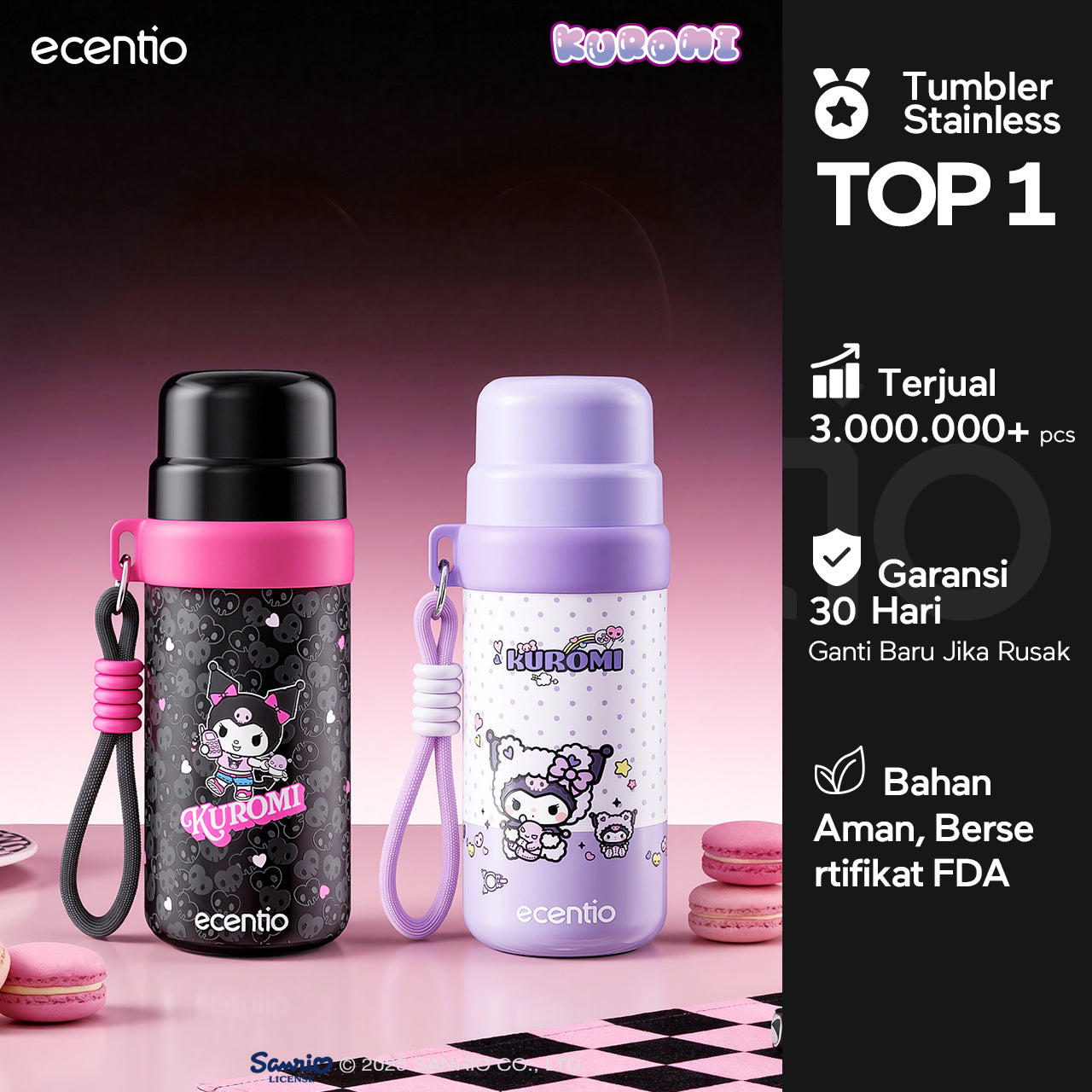 ecentio botol minum aesthetic kuromi series 850ml/580ml/350ml tumbler tahan panas dingin 24 jam portabel tumbler Cocok untuk bepergian ke sekolah termos air panas