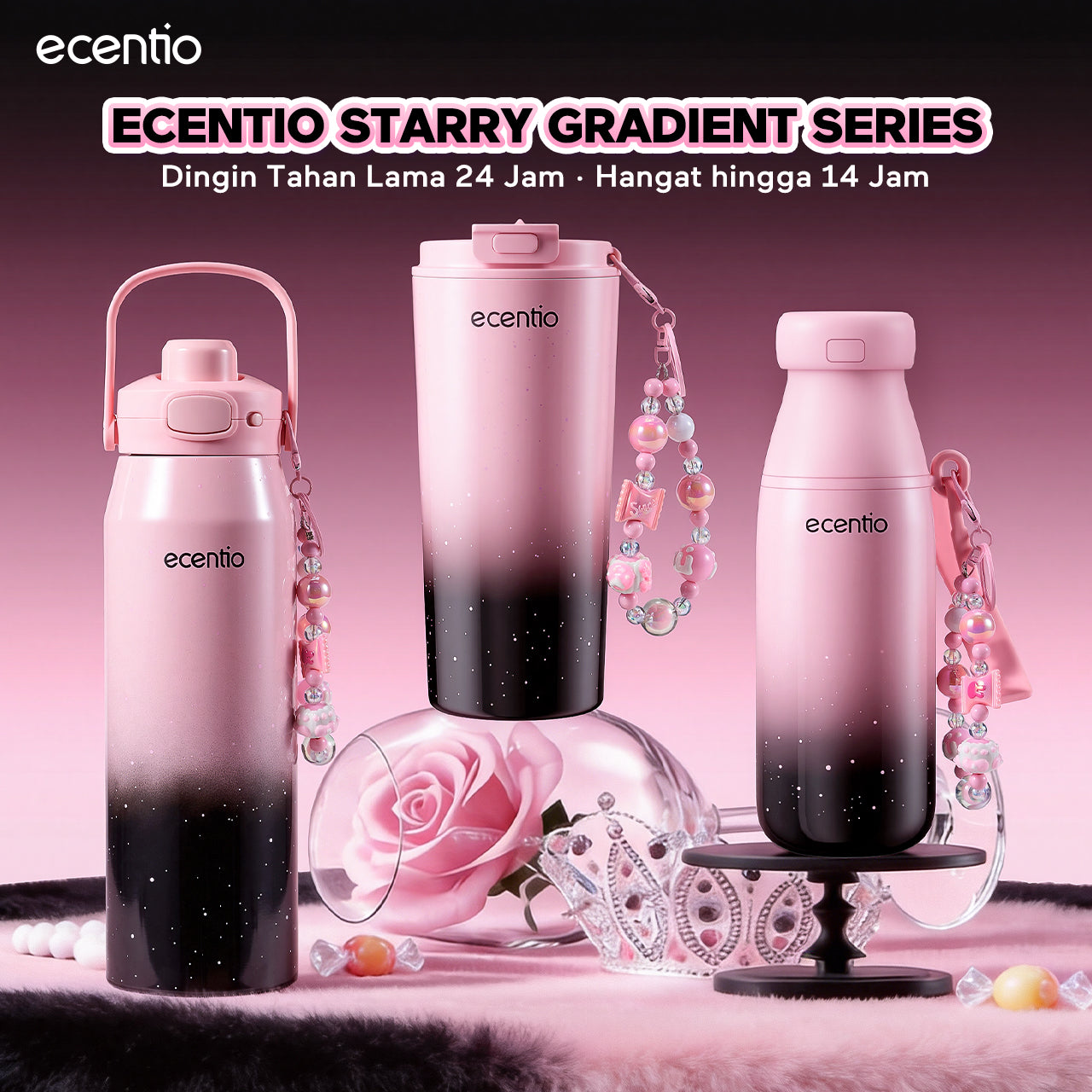 ecentio Tumbler Stainless Portable Botol Minum Aesthetic Anti Bocor 510ml 530ml 1000ml Dingin Tahan Lama 24 Jam Hangat hingga 14 Jam Starry Gradient Series untuk Harian Kantor Sekolah